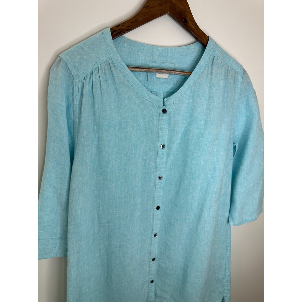 Poetry Linen Button Front Tunic Top V-Neck 3/4 Sleeve Blue Lagonlook Coastal - Picture 4 of 12